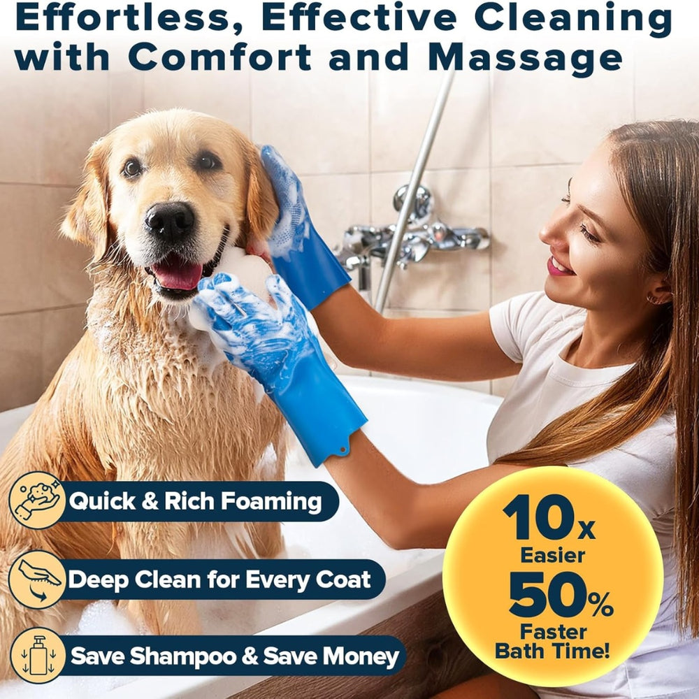 Pet owner washing a dog with a silicone grooming glove