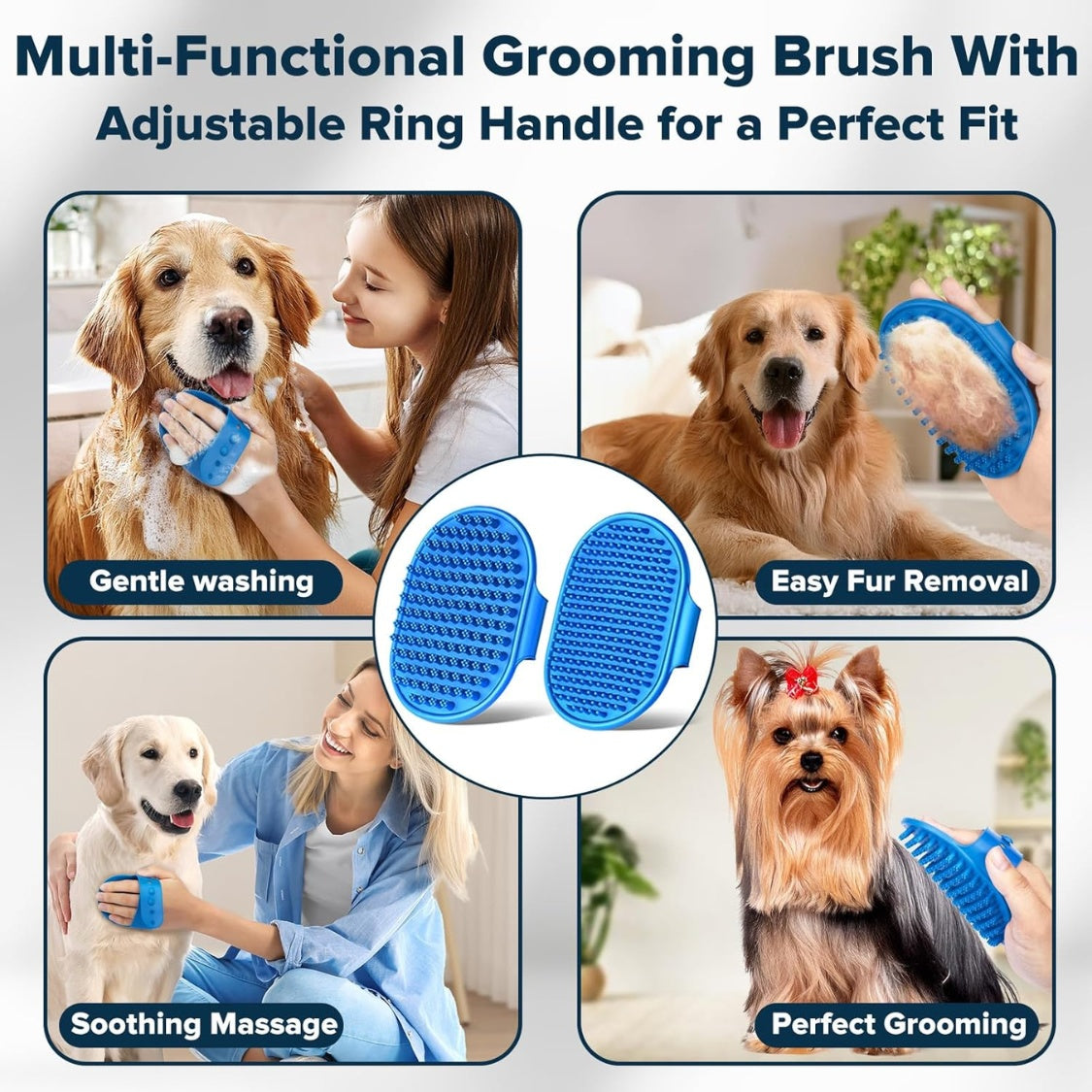 Navy blue bath brushes and finger toothbrushes included in the kit