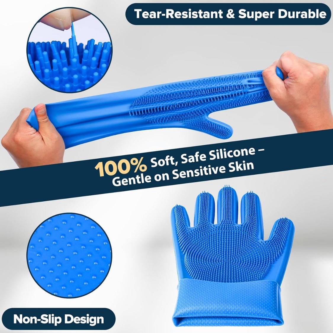 Pair of navy blue silicone pet grooming gloves