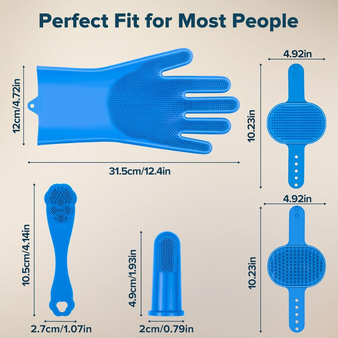 Dog being groomed with a blue silicone bathing glove