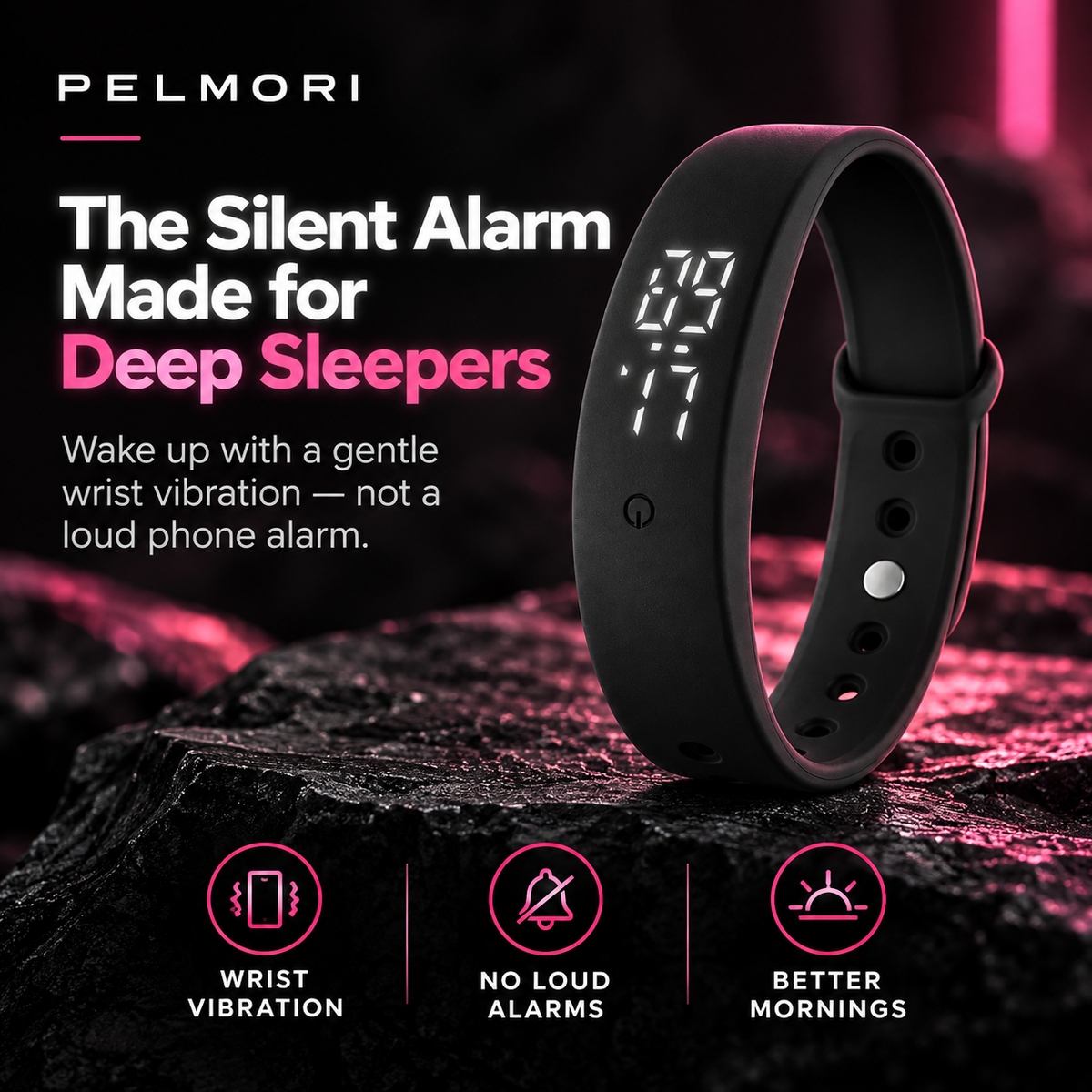 PELMORI Silent Wake Watch shown as a quiet morning alarm