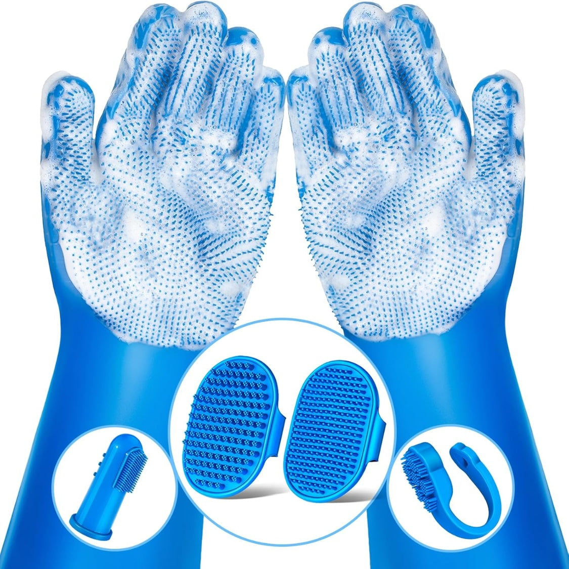 Six-piece navy blue silicone pet bath and grooming kit