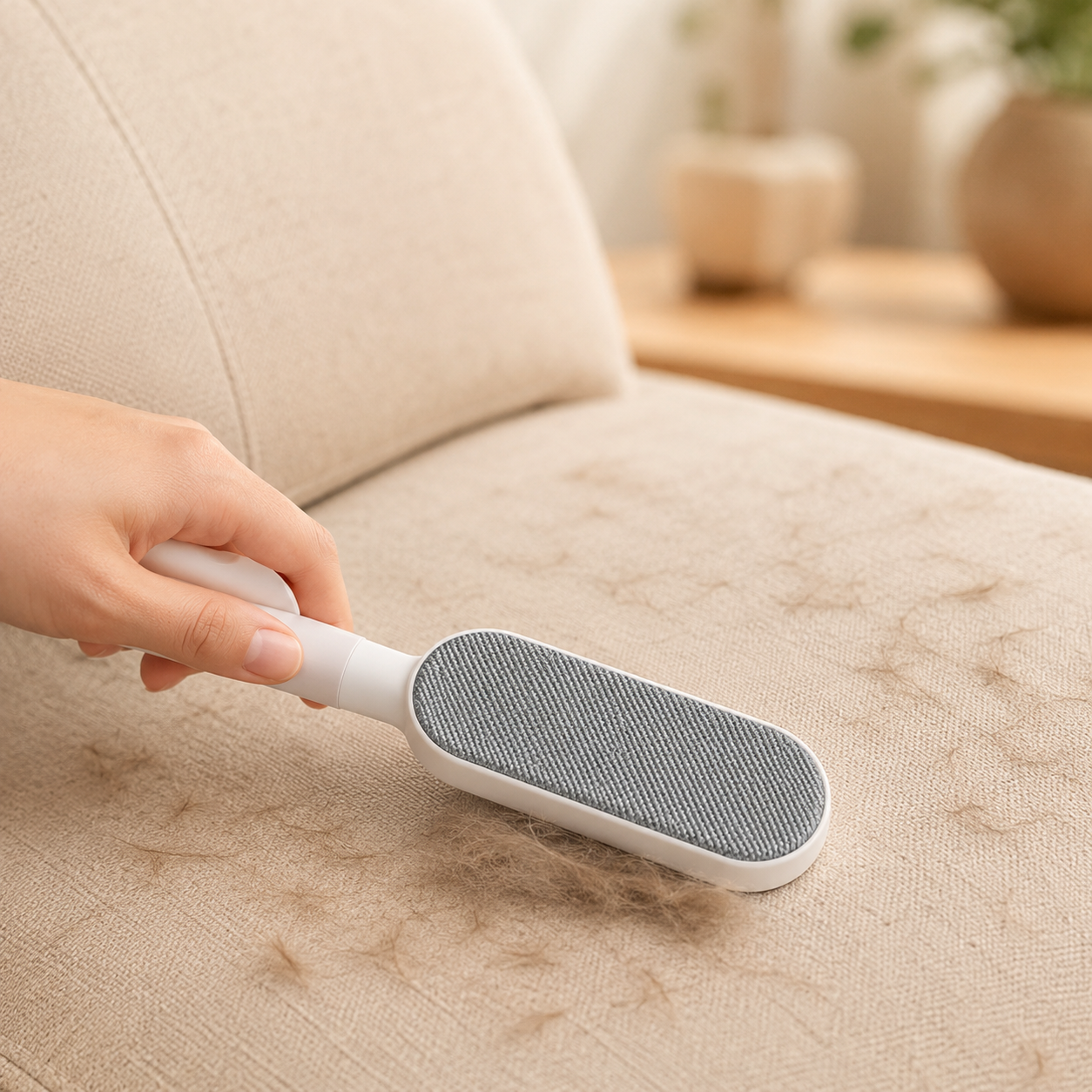 Step 2 double-sided pet hair remover collecting loose fur from a sofa