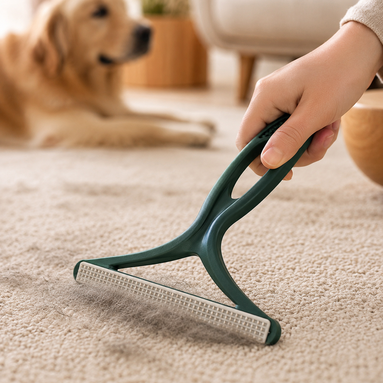 Step 1 silicone pet hair rake loosening embedded fur from carpet
